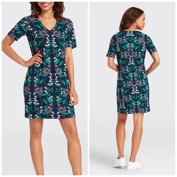 Draper James Floral Hedges Knit Shift Dress in Nassau Navy Small Casual V-Neck - Picture 1 of 8